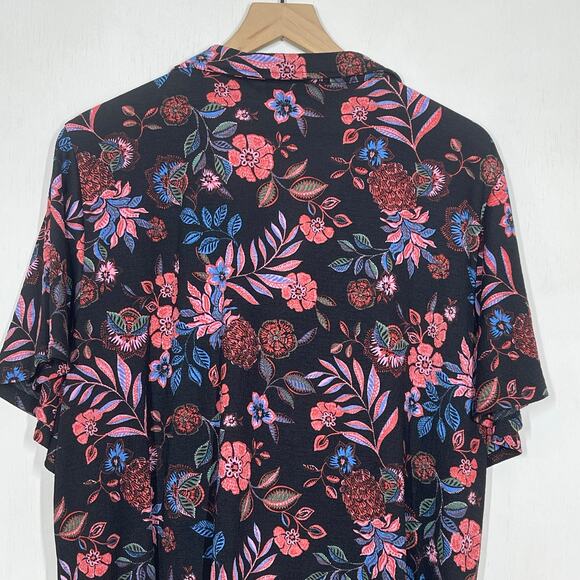 Fred David Shirt Women's Plus Size 2X Black Pink Floral Front Tie Short Sleeve - Picture 5 of 8